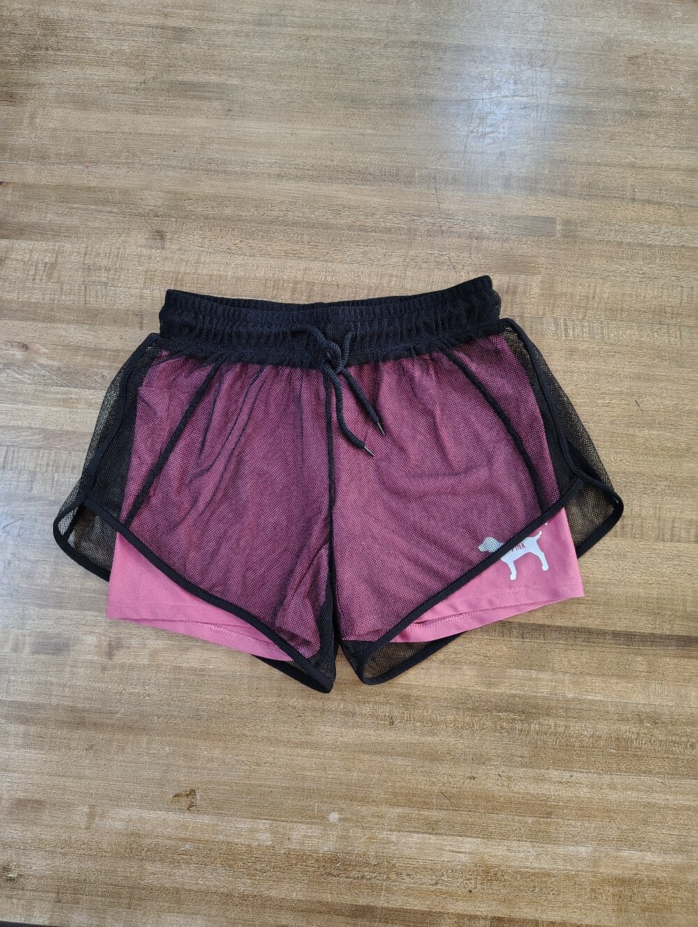 Pink & Black  Layered Mesh Over Spandex Athletic Running Shorts Size S